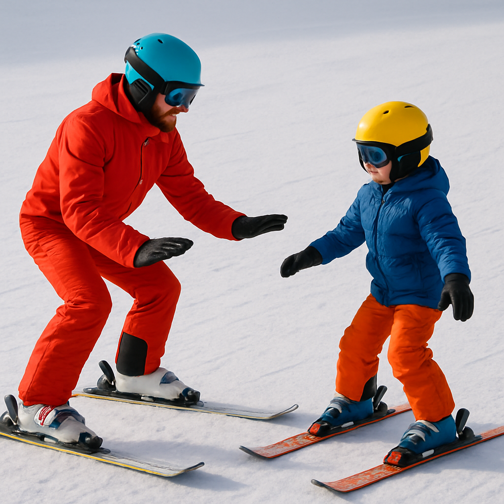 Ski instructor teaching child No mountains in background
