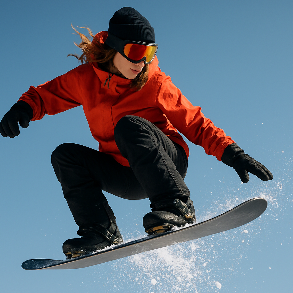 female snowboarder doing a trick in the air No mountain background Add snow spray under the snowboard-1