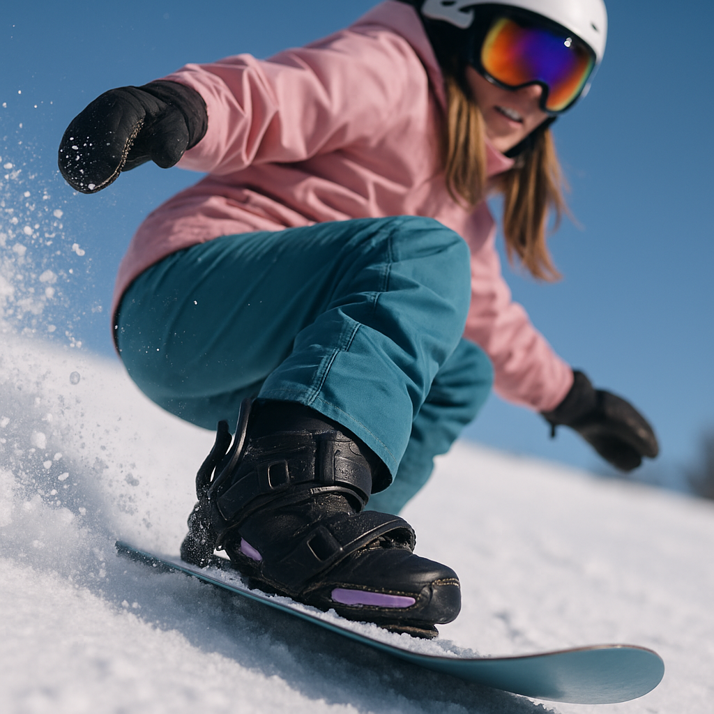 girl snowboarding close up feet